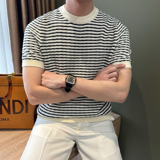 Summer loose casual breathable jacquard striped contrasting top