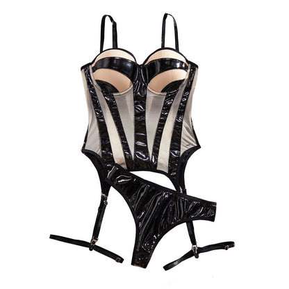 Sexy leather fabric spliced mesh suspender lingerie three piece set