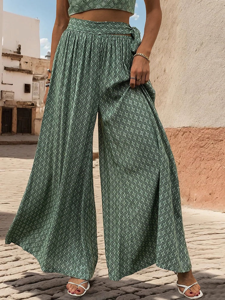 New European and American summer women's clothing ethnic style printed wide leg pants with large horns