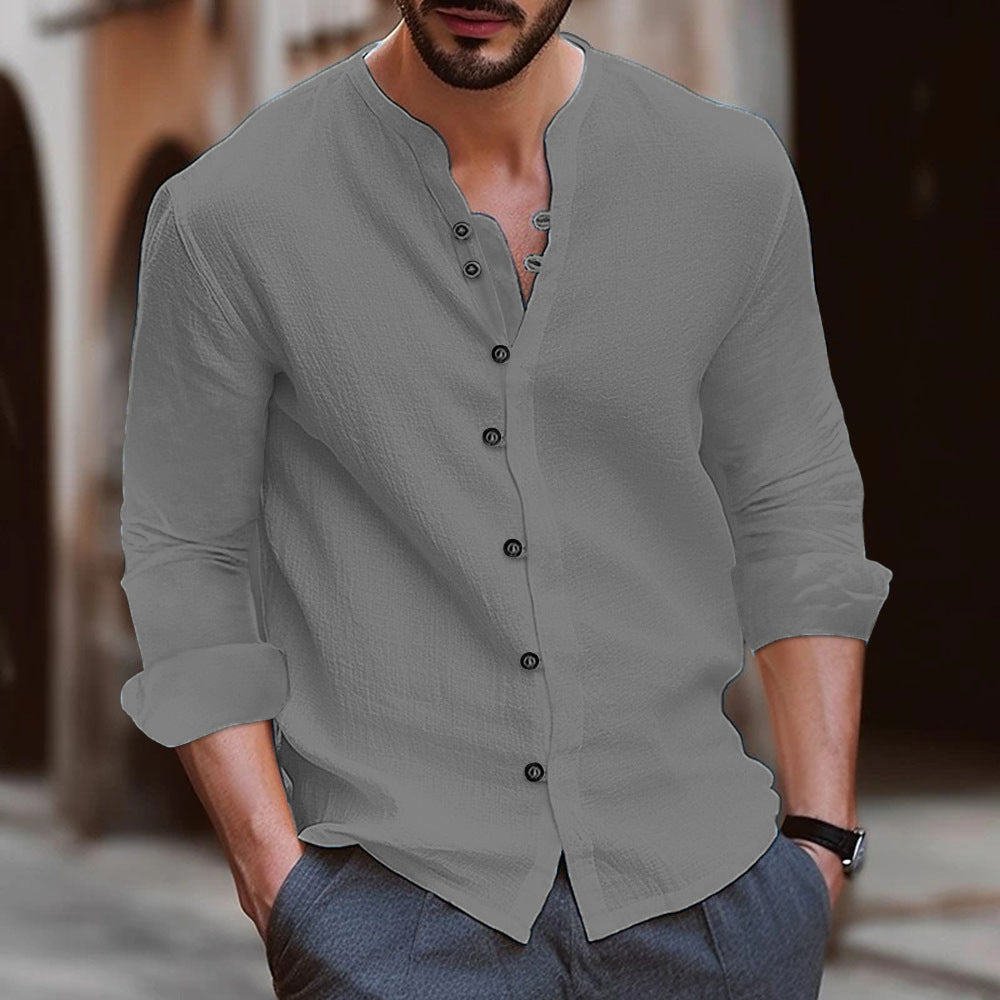 Men's retro cotton and linen casual loose long sleeved shirt