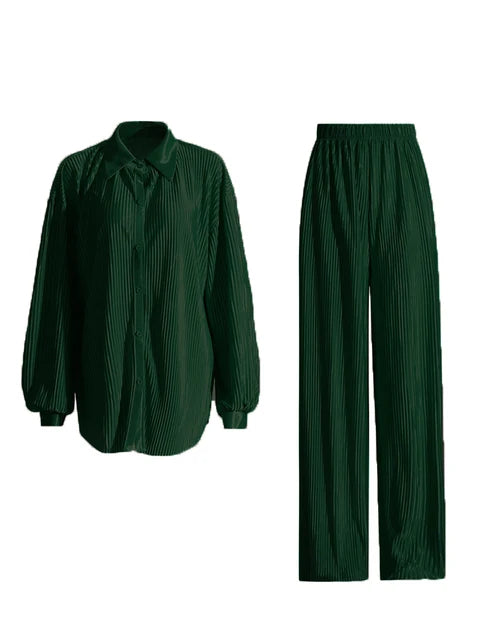 Casual geplooide tweedelige set voor dames: overhemd met revers lange mouwen en broek met rechte pijpen