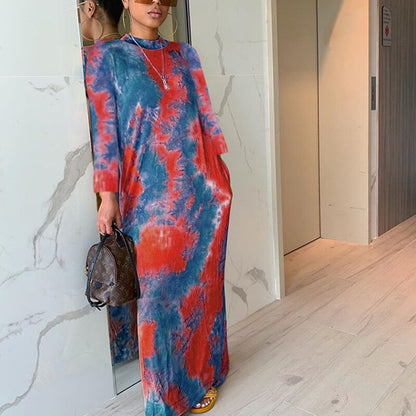 BAMBOOBOY Spring New Contrast Color Colorblock Long Sleeve Printed Loose Maxi Casual Dress ZL1206