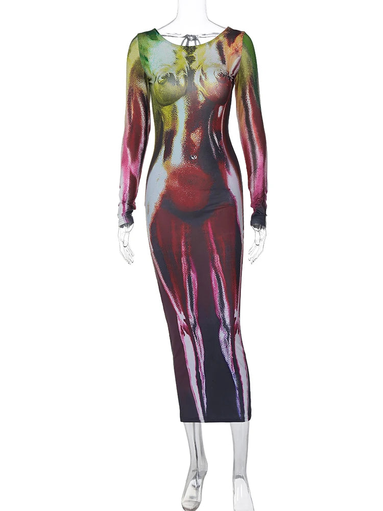 Spring Autumn Fashion Long Sleeve Party Club Streetwear Bodycon Midi Dress