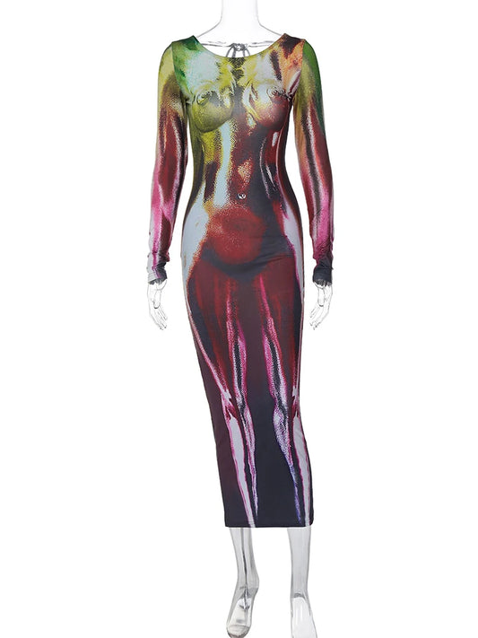 Spring Autumn Fashion Long Sleeve Party Club Streetwear Bodycon Midi Dress