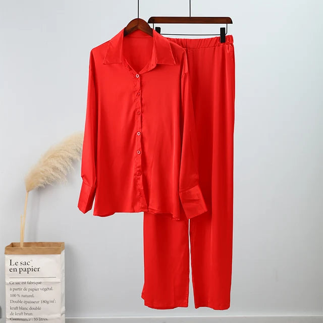 Elegant Satin Women's Matching Sets Casual Long Sleeve Shirt Straight Pants Suit Female  Loose Solid Tops Two Pieces Outfits