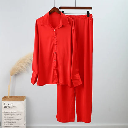 Elegant Satin Women's Matching Sets Casual Long Sleeve Shirt Straight Pants Suit Female  Loose Solid Tops Two Pieces Outfits