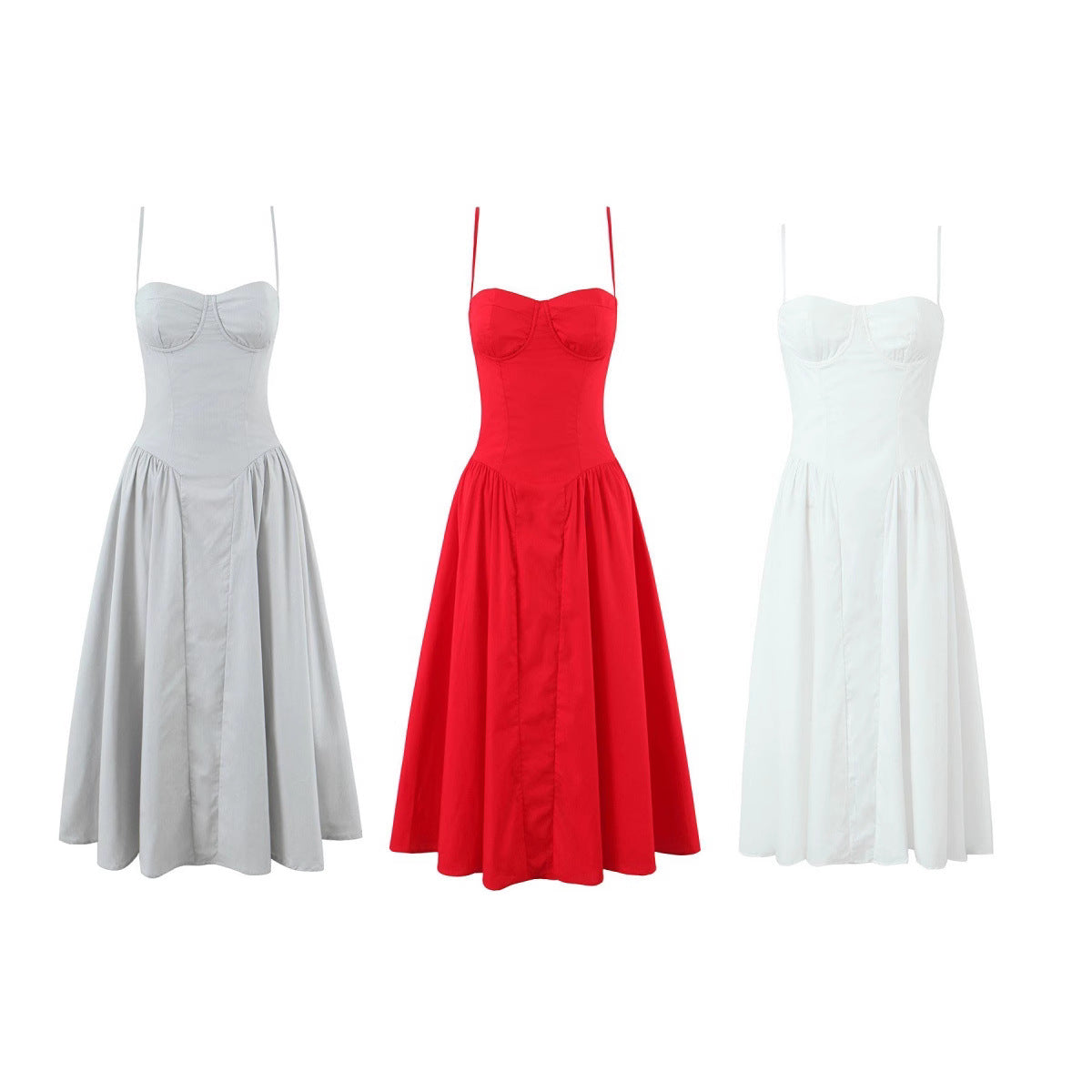 Summer European and American fashion square neck three-dimensional steel ring waist cinched pleated dress