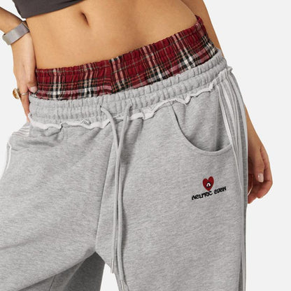 Y2K retro street double waistband plaid spliced hoodie pants casual loose straight-leg pants sport pants ins