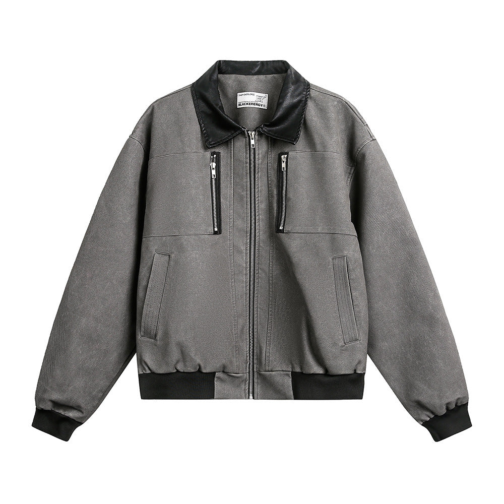 Denimjack met contrasterende kraag van PU-leer