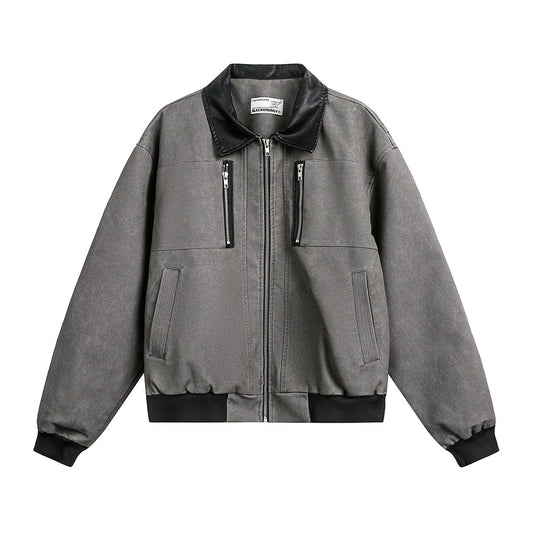 Denimjack met contrasterende kraag van PU-leer