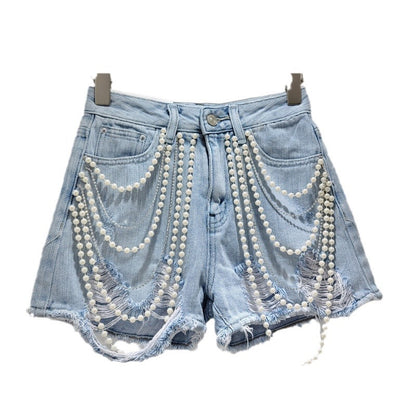 Chain handmade bead rough edge washed water personalized denim shorts high waist slimming hot pants