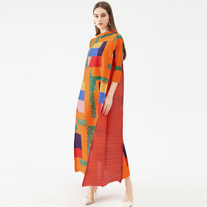 Spring And Summer New Women's Square Print Long Pleated Dress