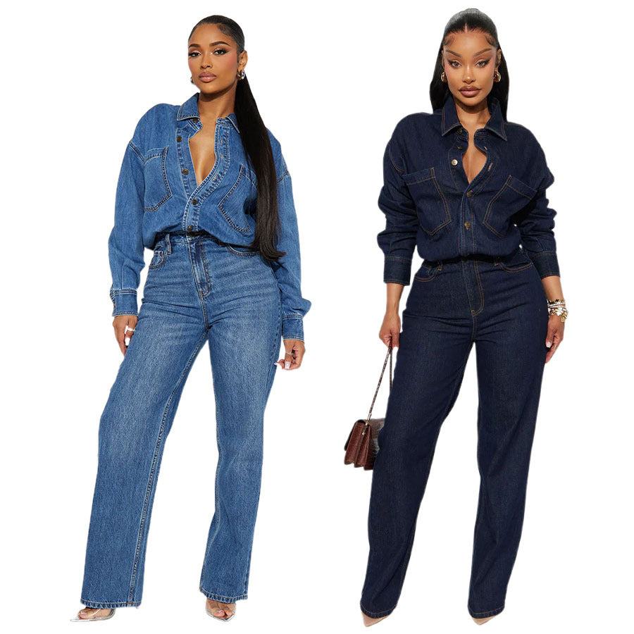 Slim fit elastic loose long sleeved denim jumpsuit