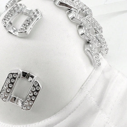 White Strapless Camisole Gathered Beaded Rhinestone Bustier Innerwear