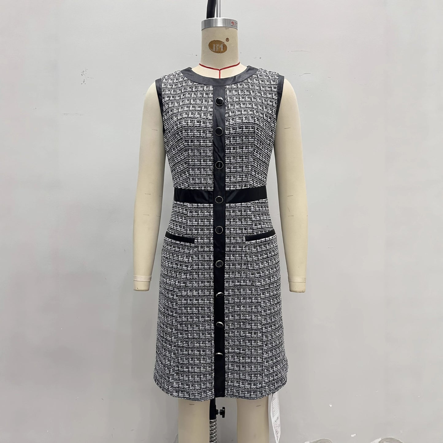 Vintage leather trimmed tweed vest A-line skirt dress