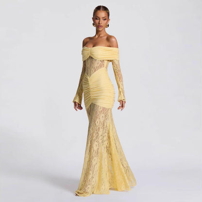 Elegant Lace Splicing One-Shoulder Long Sleeve Bodycon Dress for Women Evening Gown
