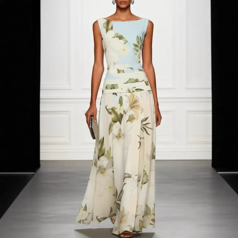 Mouwloze damesjurk met V-hals bloemenprint open rug en getailleerde lange rok
