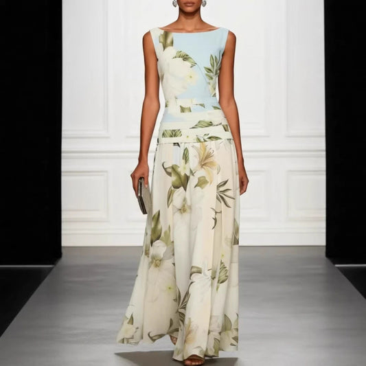 Mouwloze damesjurk met V-hals bloemenprint open rug en getailleerde lange rok