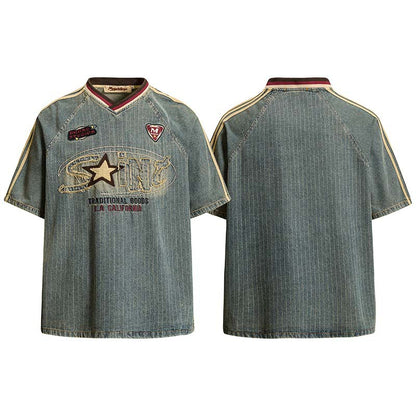 Embroidered letters embroidered fabric washed and used denim short sleeves