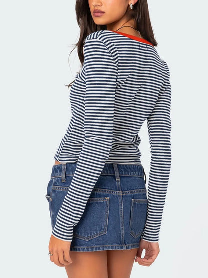 Color blocking striped knitted sweater women's summer top button slim fit shoulder t-shirt
