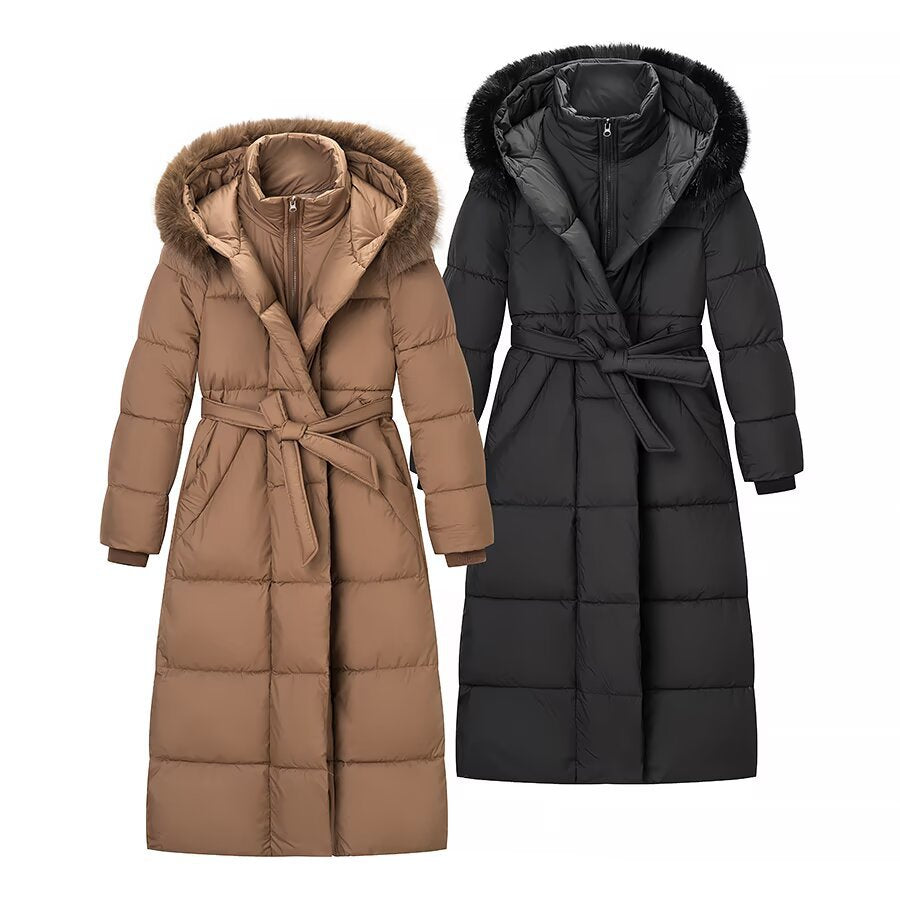 Women's Fashionable Classic Long Cotton Coat with Hand-Inserted Cotton