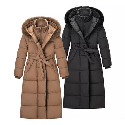 Women's Fashionable Classic Long Cotton Coat with Hand-Inserted Cotton