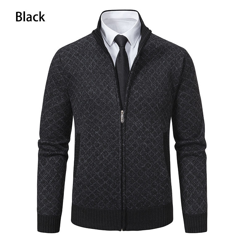 Velvet thickened casual stand up collar hooded zipper knitted jacket