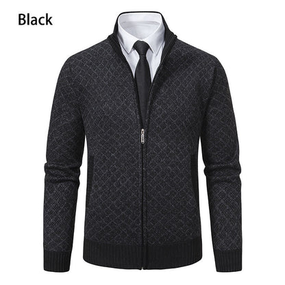 Velvet thickened casual stand up collar hooded zipper knitted jacket