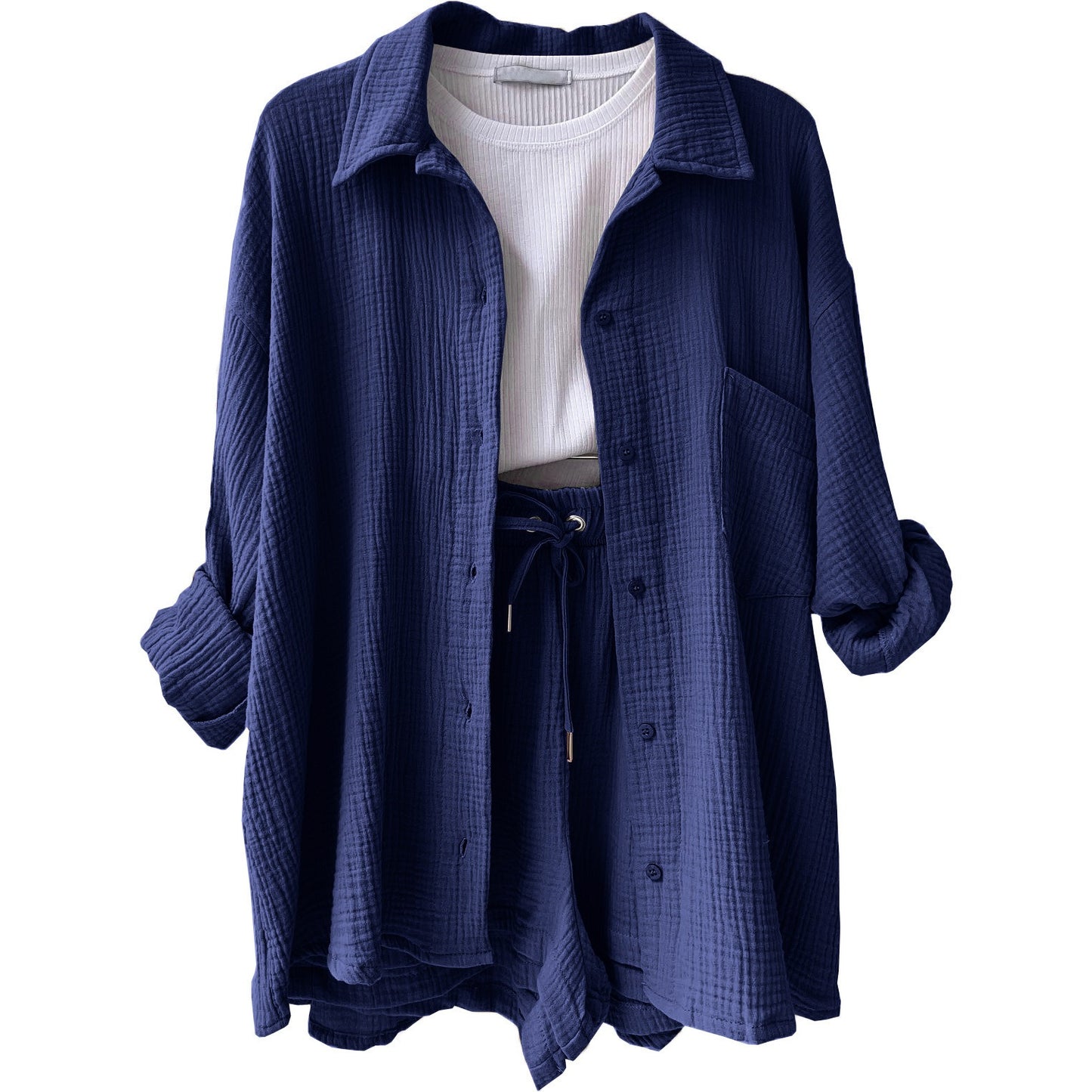 Wrinkled collar long sleeved shirt high waisted drawstring shorts two-piece set