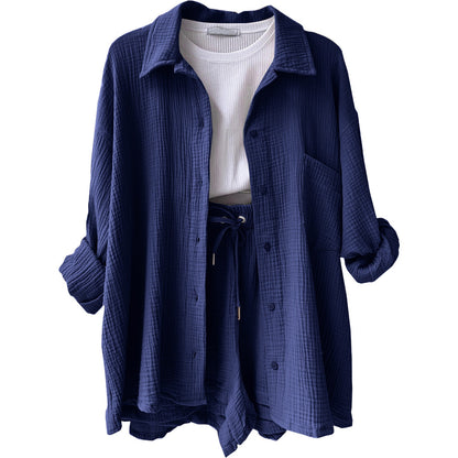 Wrinkled collar long sleeved shirt high waisted drawstring shorts two-piece set