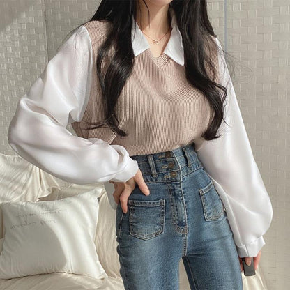 Chic Oversized Two-Piece Look Women's Long Sleeve Polo Neck Sweatshirt with Ribbed Stitching, Loose Fit and Versatile Casual Top