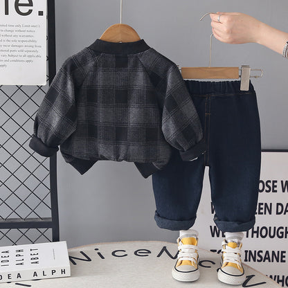 Children's Spring and Autumn Checkered Zipper Shirt Long Sleeve Three Piece Set