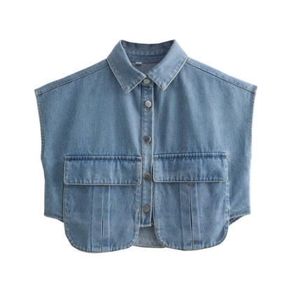 Effen mouwloos hoogwaardig denim vest met grote zakken