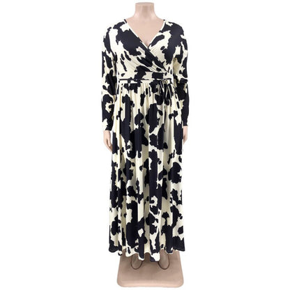 Modieus bedrukte wikkel maxi-jurk met lange mouwen zakken en hoge taille plus size