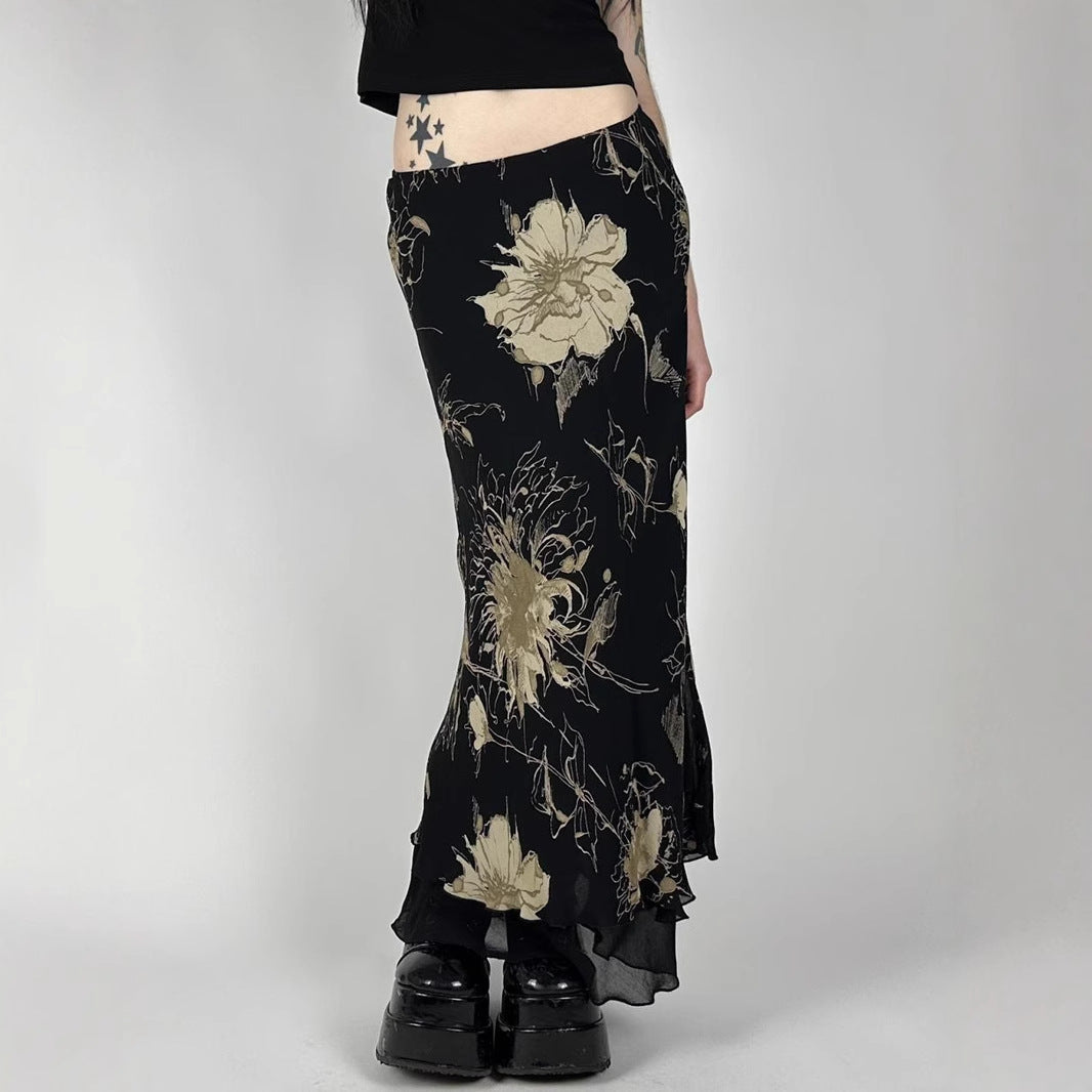 Retro Forest Floral Print Low Waist Slimming Skirt Spicy Girl Bodycon Versatile Slimming A-Line Long Skirt