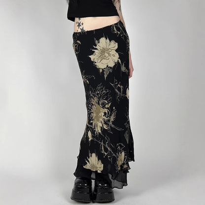 Retro Forest Floral Print Low Waist Slimming Skirt Spicy Girl Bodycon Versatile Slimming A-Line Long Skirt