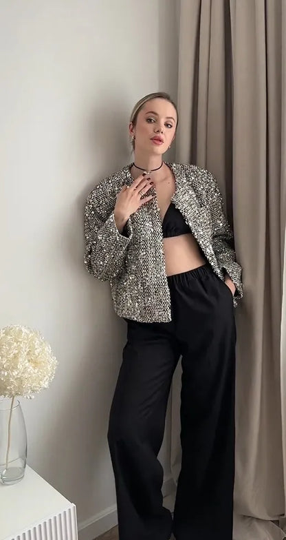 Elegante zilveren cropped jas met pailletten en chique ronde hals