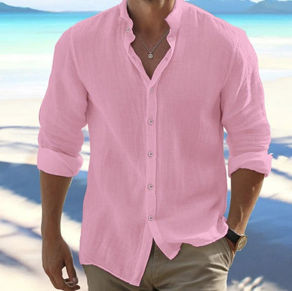 Casual Linen Button-Down Shirt for Men Long Sleeve Solid Color Stand Collar Summer Beach Wear Everyday Clothing