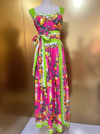 Elegant Stylish Maxi Dress Summer Camisole Strapless Slim Flower Pattern Dresses Lace Up Sashes Boho Dress