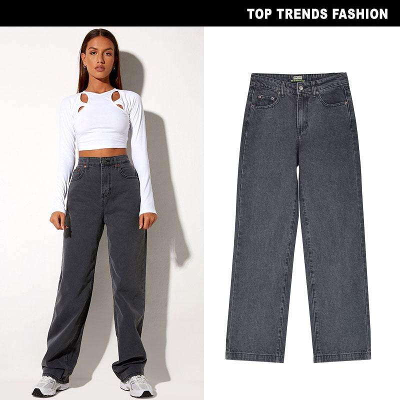 Coole grijze denim broek met hoge taille en losse rechte pijpen
