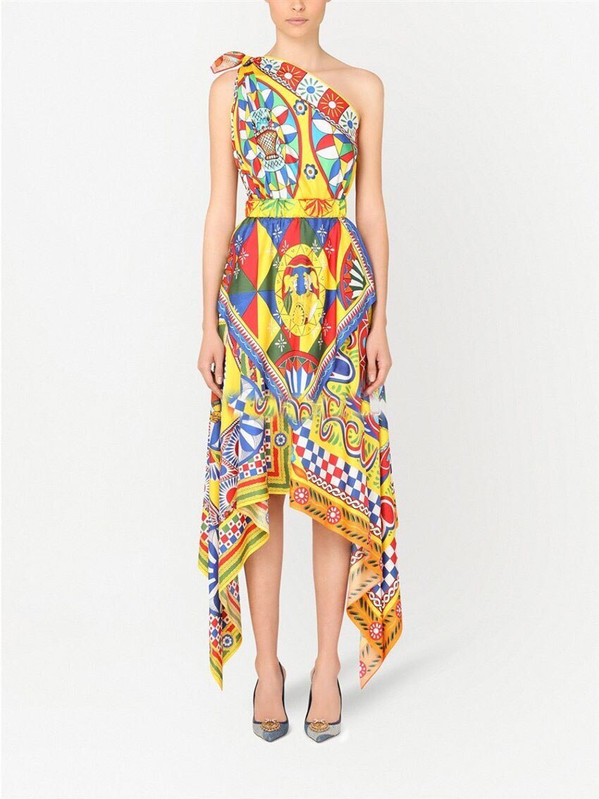 Designer catwalk midi-jurken met één blote schouder voor dames