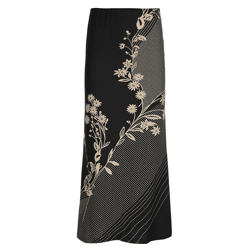 Retro Forest Floral Print Low Waist Slimming Skirt Spicy Girl Bodycon Versatile Slimming A-Line Long Skirt