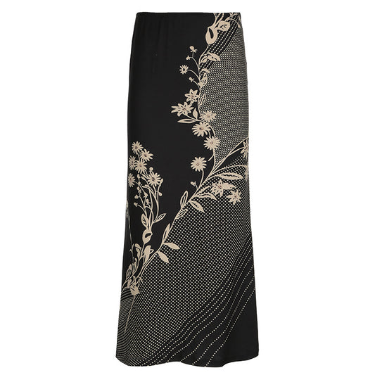 Retro Forest Floral Print Low Waist Slimming Skirt Spicy Girl Bodycon Versatile Slimming A-Line Long Skirt