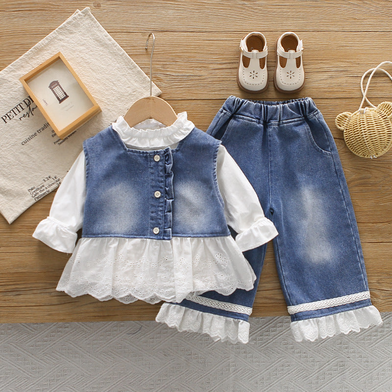 Cowboy skirt long sleeved three piece set baby and children's clothing