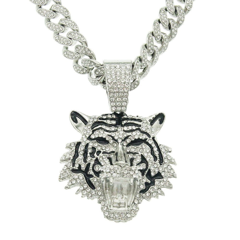 Punk Hip Hop Iced Out Kristallen Tijger Hanger Ketting Chunky Miami Cubaanse Schakel Unisex