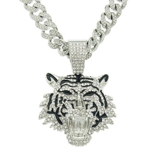 Punk Hip Hop Iced Out Kristallen Tijger Hanger Ketting Chunky Miami Cubaanse Schakel Unisex