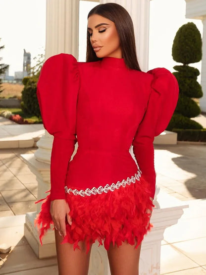 Women Celebrity Sexy Long Sleeve Feather Diamonds Black Red Mini Bodycon Bandage Dress Elegant Evening Club Party Dress