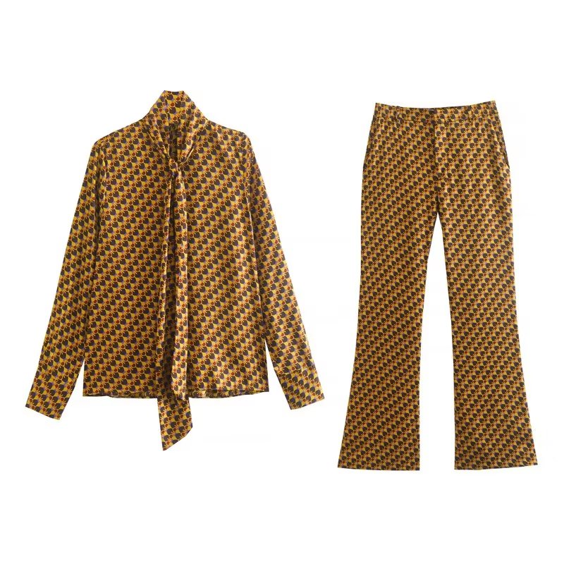 Fashion Plaid Print Pants Sets Spring Autumn Long Sleeved Chic Bow Blouses+Flare Pants Street Casual Outwear