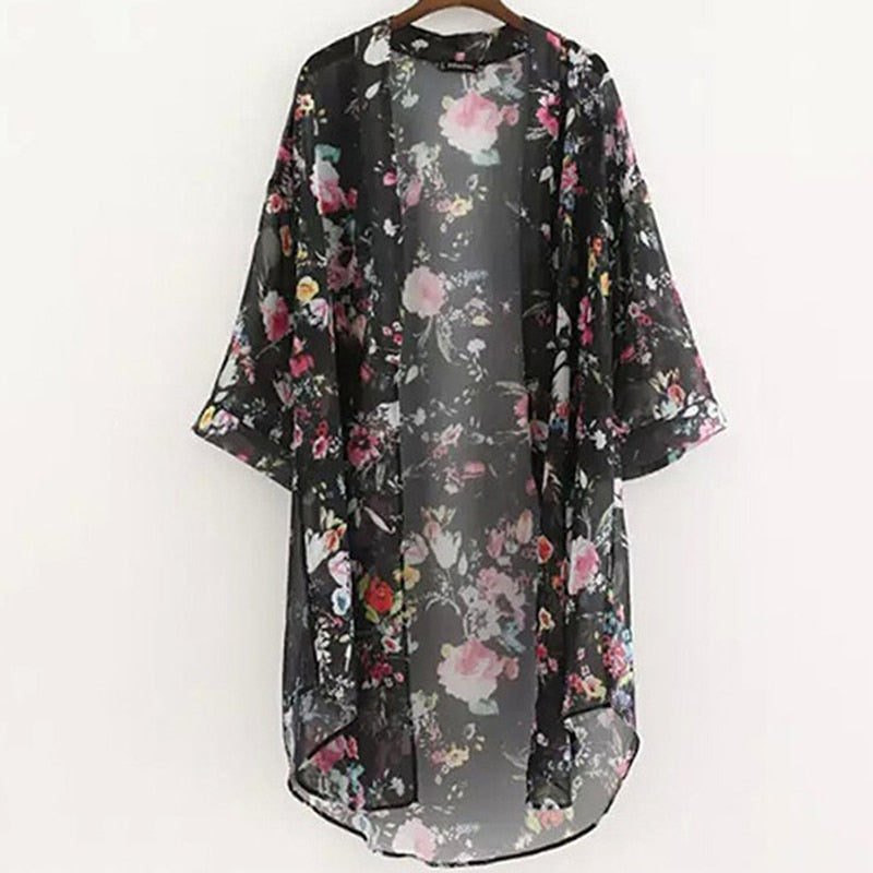 Spring And Summer New Fashion Chiffon Print Mid Length Women's Cardigan Short Sleeve Beach Sunscreen