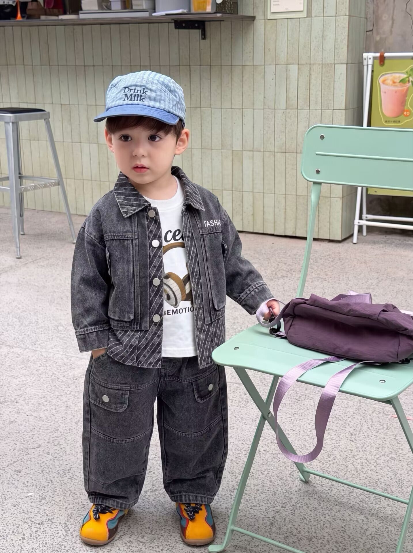 Autumn denim jacket long sleeved three piece set for children